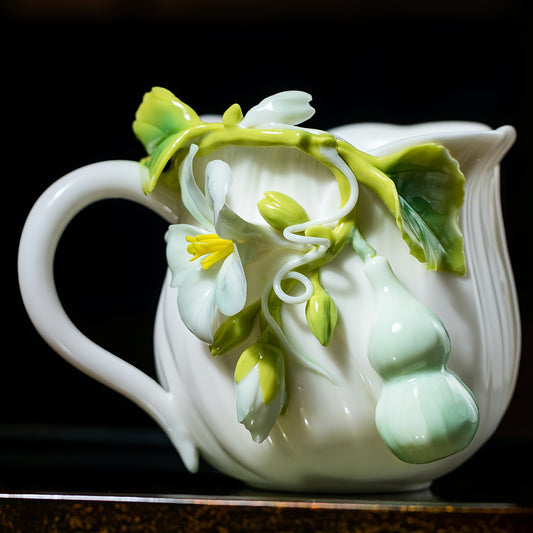 Intangible Cultural Heritage Hand-Sculpted Floral Ceramic Gourd Water Cup Coffee Mug - 100% Handcrafted