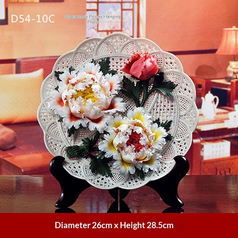Ceramic handicrafts, peony hanging plate art ornaments, new Chinese living room decorative handicrafts, housewarming gifts