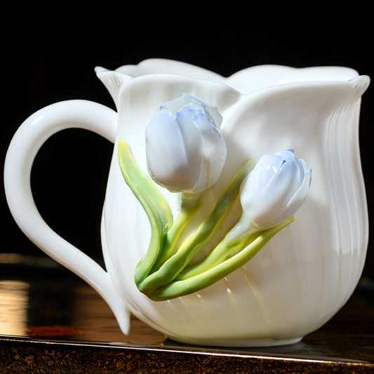 Intangible Cultural Heritage Hand-Sculpted Ceramic Tulip Flower Water Cup Coffee Cup(blue) - 100% Handcrafted
