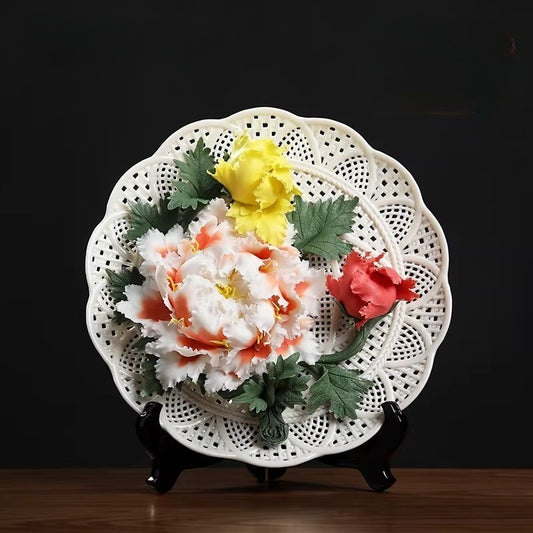 Ceramic handicrafts, peony hanging plate art ornaments, new Chinese living room decorative handicrafts, housewarming gifts