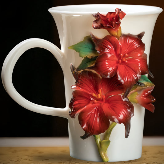 Intangible Cultural Heritage Hand-Sculpted Ceramic Cinnabar Red Mandala Flower Water Cup Coffee Mug - 100% Handcrafted