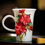 Intangible Cultural Heritage Hand-Sculpted Ceramic Cinnabar Red Mandala Flower Water Cup Coffee Mug - 100% Handcrafted
