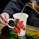 Intangible Cultural Heritage Hand-Sculpted Ceramic Cinnabar Red Mandala Flower Water Cup Coffee Mug - 100% Handcrafted