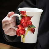 Intangible Cultural Heritage Hand-Sculpted Ceramic Cinnabar Red Mandala Flower Water Cup Coffee Mug - 100% Handcrafted