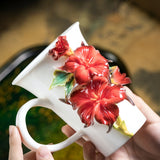 Intangible Cultural Heritage Hand-Sculpted Ceramic Cinnabar Red Mandala Flower Water Cup Coffee Mug - 100% Handcrafted