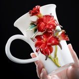 Intangible Cultural Heritage Hand-Sculpted Ceramic Cinnabar Red Mandala Flower Water Cup Coffee Mug - 100% Handcrafted