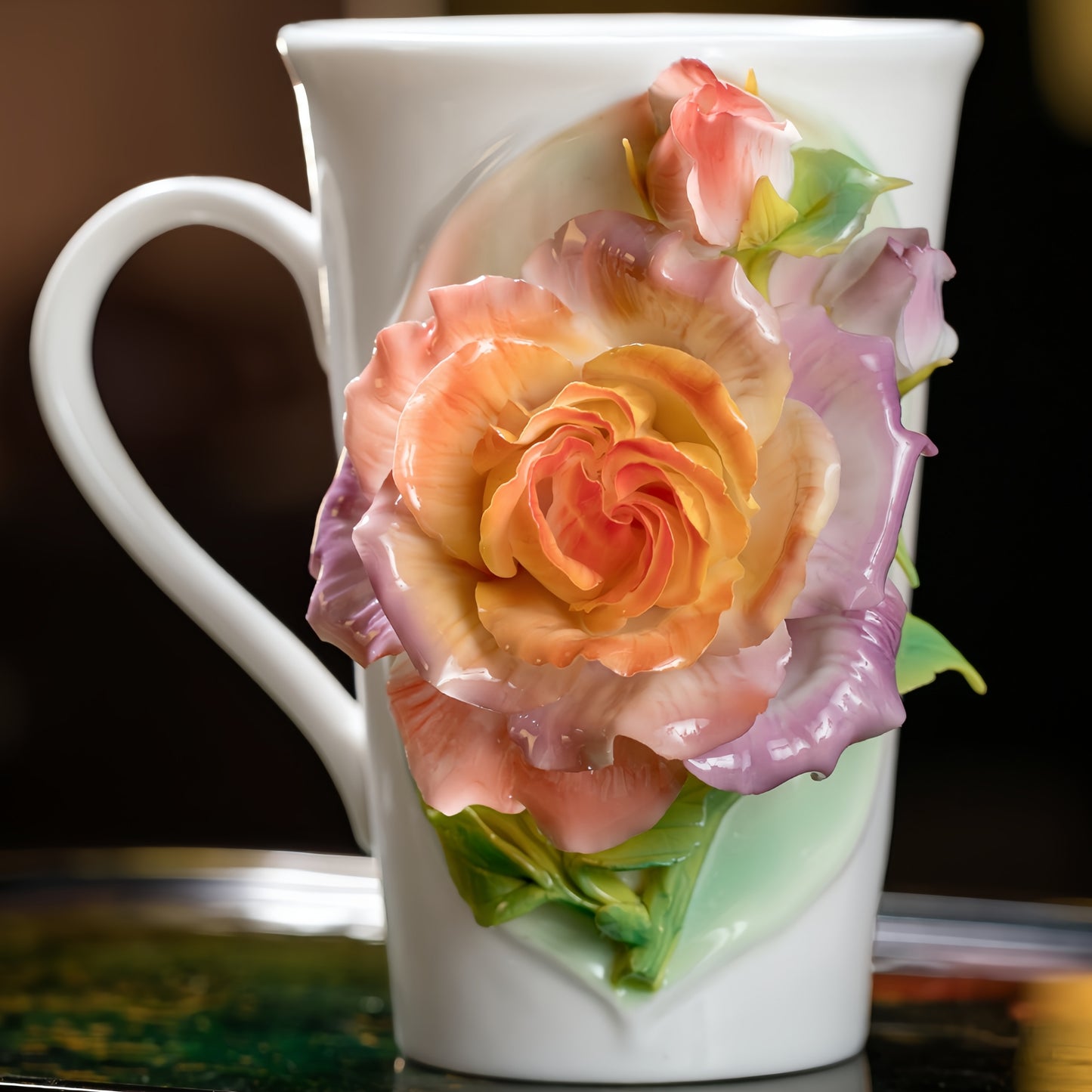 Intangible Cultural Heritage Hand-Sculpted Floral Ceramic Rose-Patterned Water/Coffee Cup - 100% Handcrafted