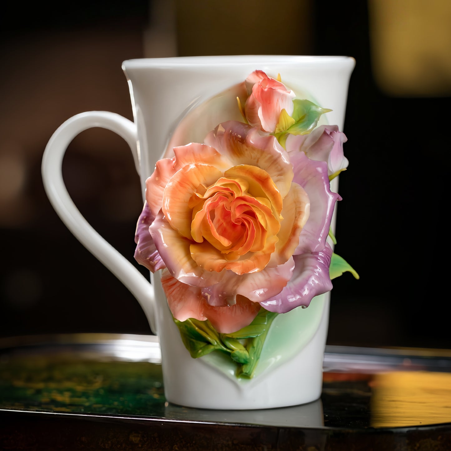 Intangible Cultural Heritage Hand-Sculpted Floral Ceramic Rose-Patterned Water/Coffee Cup - 100% Handcrafted