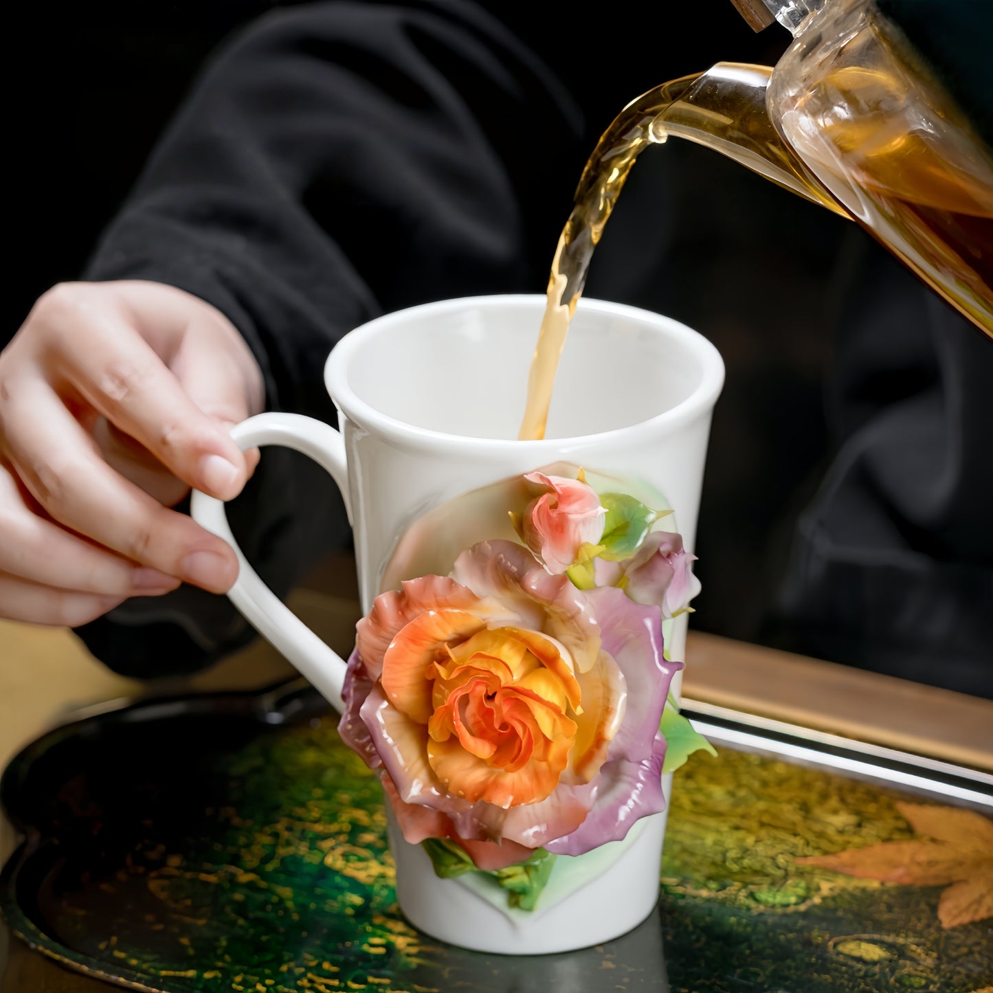 Intangible Cultural Heritage Hand-Sculpted Floral Ceramic Rose-Patterned Water/Coffee Cup - 100% Handcrafted