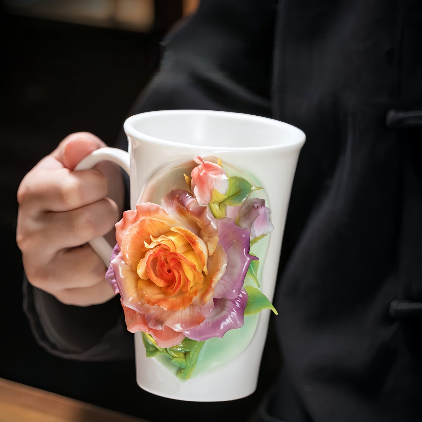 Intangible Cultural Heritage Hand-Sculpted Floral Ceramic Rose-Patterned Water/Coffee Cup - 100% Handcrafted