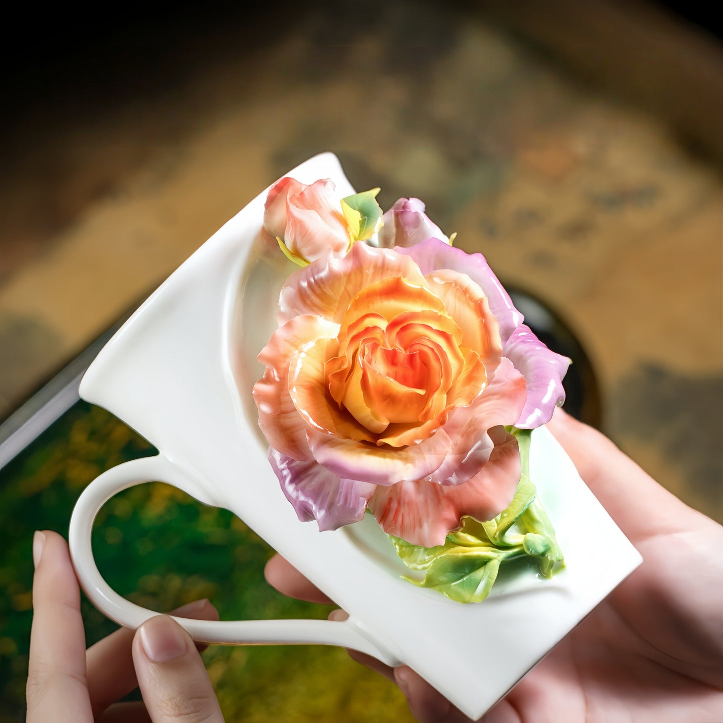 Intangible Cultural Heritage Hand-Sculpted Floral Ceramic Rose-Patterned Water/Coffee Cup - 100% Handcrafted