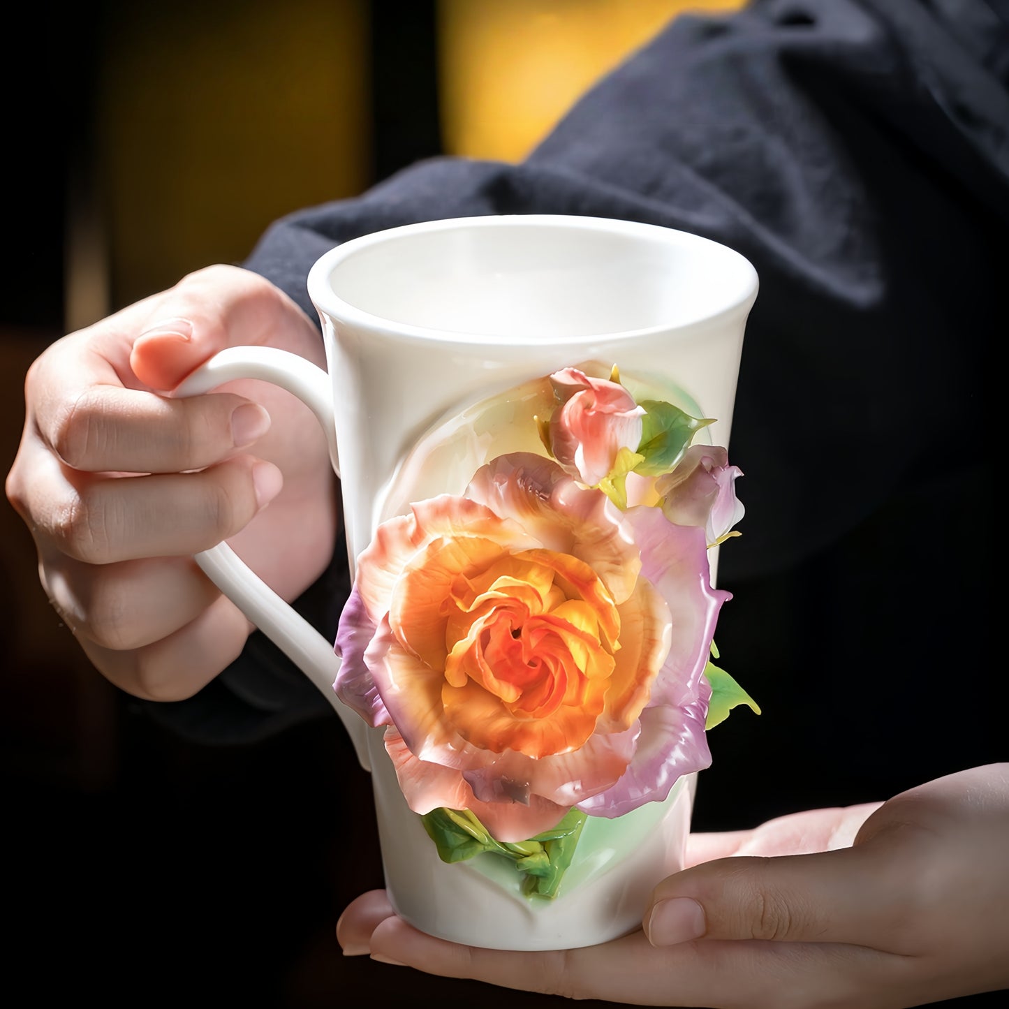 Intangible Cultural Heritage Hand-Sculpted Floral Ceramic Rose-Patterned Water/Coffee Cup - 100% Handcrafted