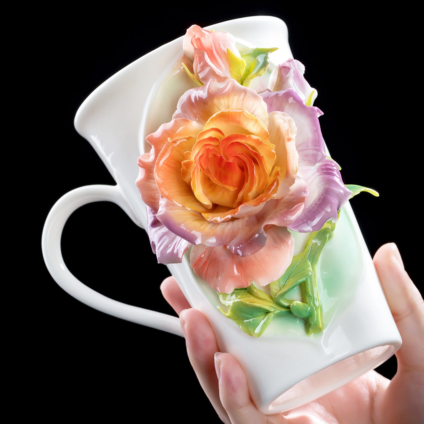 Intangible Cultural Heritage Hand-Sculpted Floral Ceramic Rose-Patterned Water/Coffee Cup - 100% Handcrafted