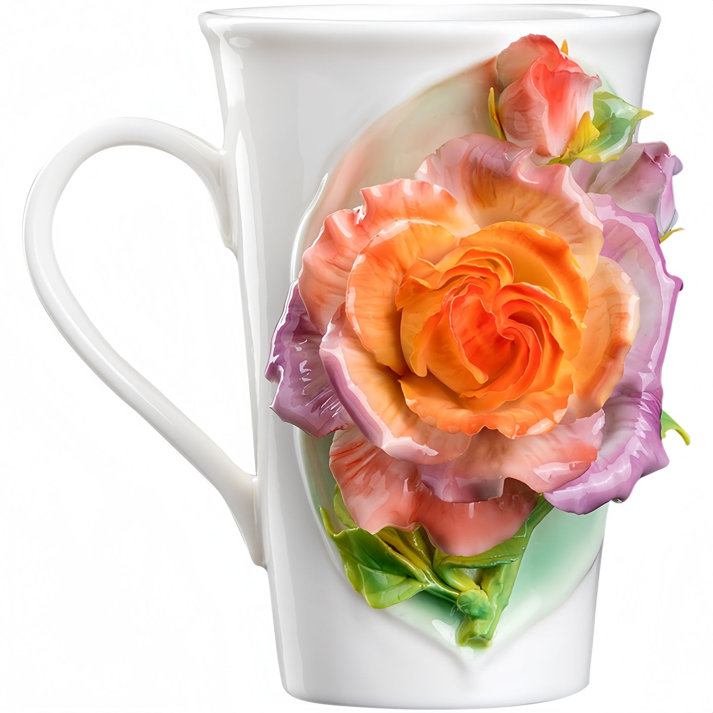 Intangible Cultural Heritage Hand-Sculpted Floral Ceramic Rose-Patterned Water/Coffee Cup - 100% Handcrafted