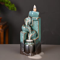 Unique Cascading Basins Ceramic Waterfall Incense Holder, Paired with a Pack of Backflow Incense Cones.