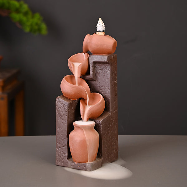 Unique Cascading Basins Ceramic Waterfall Incense Holder, Paired with a Pack of Backflow Incense Cones.