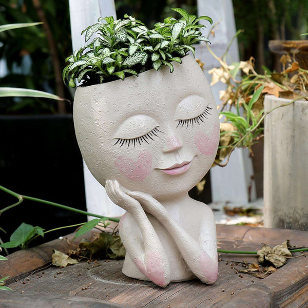 Face Flower Pot Head Planter Pot Succulent Planter Cute Resin Cactus Planter with Drainage Hole Closed Eyes | Succulent pots | LAMDAWN