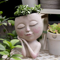 Face Flower Pot Head Planter Pot Succulent Planter Cute Resin Cactus Planter with Drainage Hole Closed Eyes - LAMDAWN