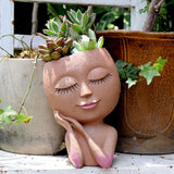 Face Flower Pot Head Planter Pot Succulent Planter Cute Resin Cactus Planter with Drainage Hole Closed Eyes - LAMDAWN