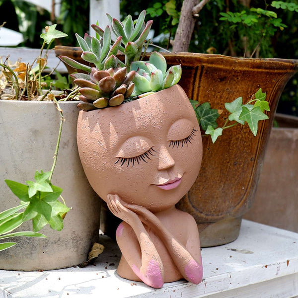 Face Flower Pot Head Planter Pot Succulent Planter Cute Resin Cactus Planter with Drainage Hole Closed Eyes | Succulent pots | LAMDAWN