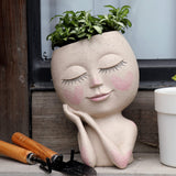 Face Flower Pot Head Planter Pot Succulent Planter Cute Resin Cactus Planter with Drainage Hole Closed Eyes - LAMDAWN