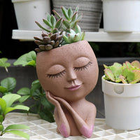 Face Flower Pot Head Planter Pot Succulent Planter Cute Resin Cactus Planter with Drainage Hole Closed Eyes - LAMDAWN