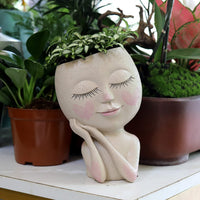 Face Flower Pot Head Planter Pot Succulent Planter Cute Resin Cactus Planter with Drainage Hole Closed Eyes - LAMDAWN