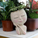 Face Flower Pot Head Planter Pot Succulent Planter Cute Resin Cactus Planter with Drainage Hole Closed Eyes - LAMDAWN