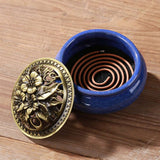 LAMDAWN Ceramic Incense Burner with Incense Stick Holder + Insulation use for Stick or Coil Incense, Sage Cones and Frankincense (Blue) - LAMDAWN