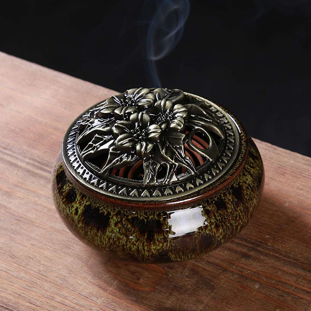LAMDAWN Ceramic Incense Burner with Incense Stick Holder + Insulation use for Stick or Coil Incense, Sage Cones and Frankincense (Fambe Green) - LAMDAWN