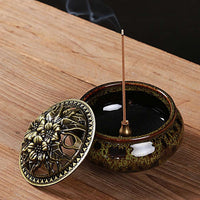 LAMDAWN Ceramic Incense Burner with Incense Stick Holder + Insulation use for Stick or Coil Incense, Sage Cones and Frankincense (Fambe Green) - LAMDAWN