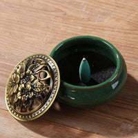 LAMDAWN Ceramic Incense Burner with Incense Stick Holder + Insulation use for Stick or Coil Incense, Sage Cones and Frankincense (Green) - LAMDAWN