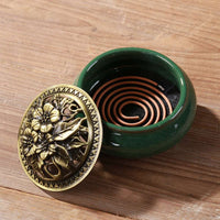 LAMDAWN Ceramic Incense Burner with Incense Stick Holder + Insulation use for Stick or Coil Incense, Sage Cones and Frankincense (Green) - LAMDAWN