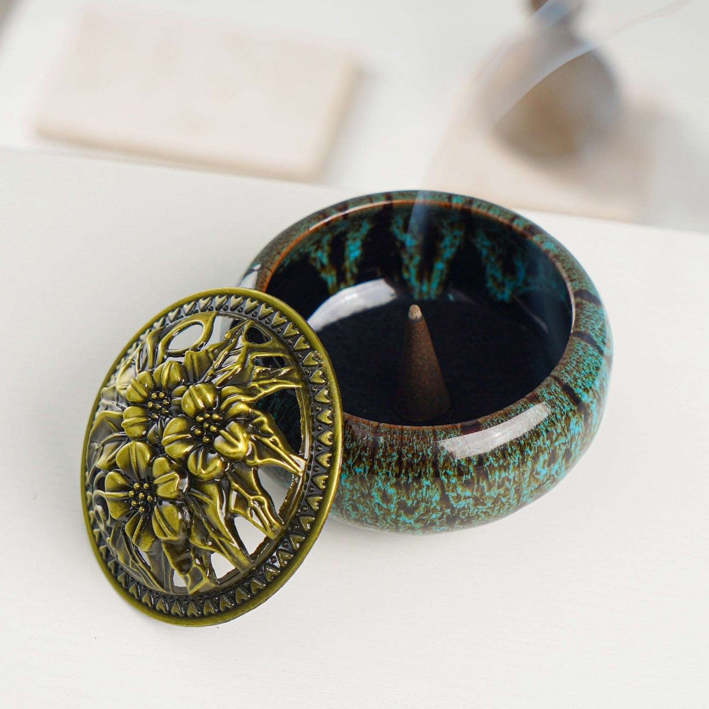 LAMDAWN Ceramic Incense Burner with Incense Stick Holder + Insulation use for Stick or Coil Incense, Sage Cones and Frankincense (New Fambe Blue) - LAMDAWN