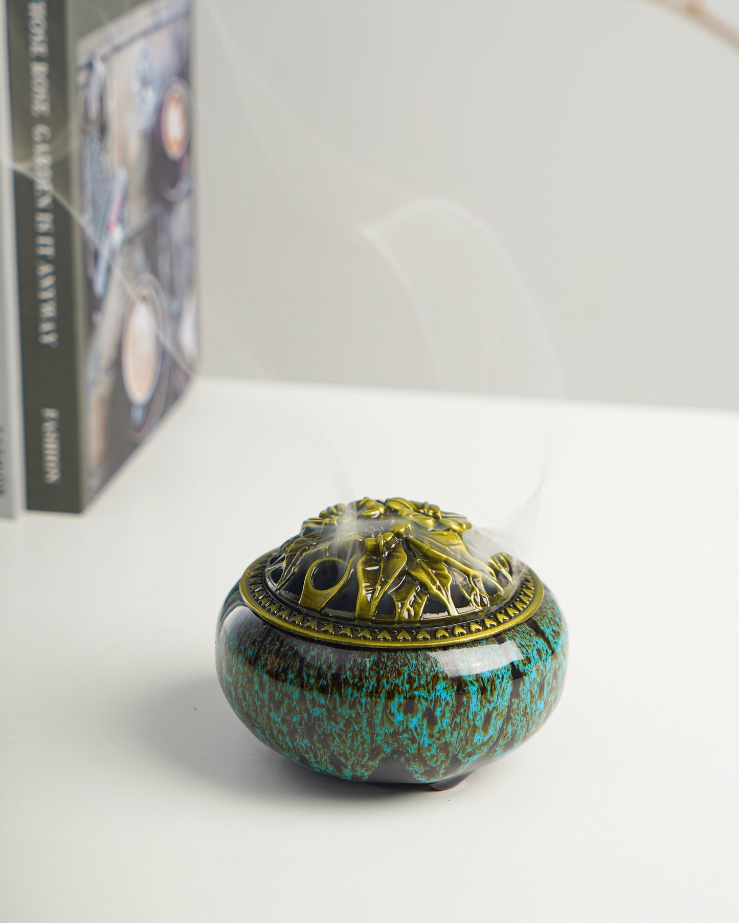 LAMDAWN Ceramic Incense Burner with Incense Stick Holder + Insulation use for Stick or Coil Incense, Sage Cones and Frankincense (New Fambe Blue) - LAMDAWN