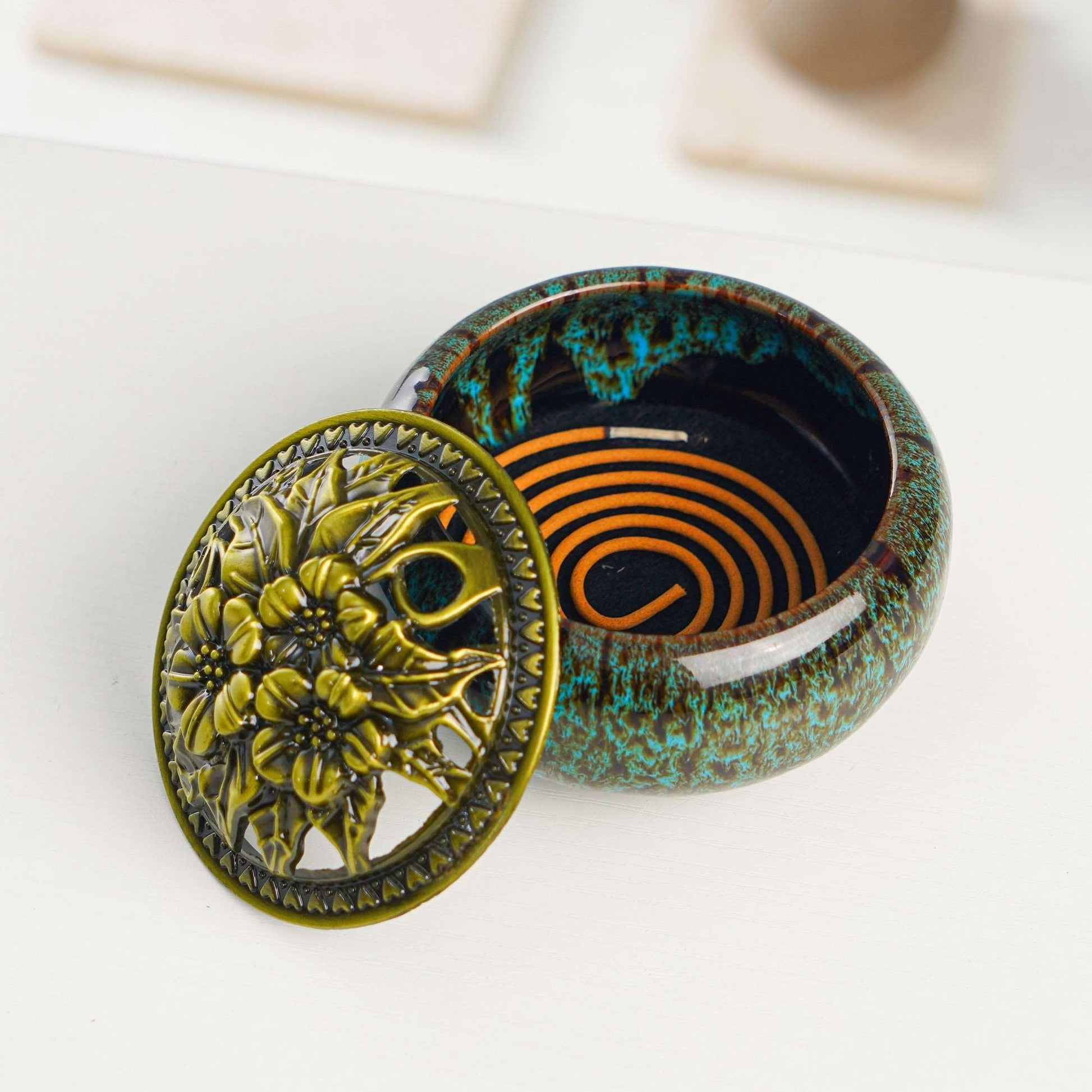 LAMDAWN Ceramic Incense Burner with Incense Stick Holder + Insulation use for Stick or Coil Incense, Sage Cones and Frankincense (New Fambe Blue) - LAMDAWN