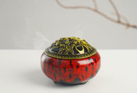 LAMDAWN Ceramic Incense Burner with Incense Stick Holder + Insulation use for Stick or Coil Incense, Sage Cones and Frankincense (New Fambe Red) - LAMDAWN