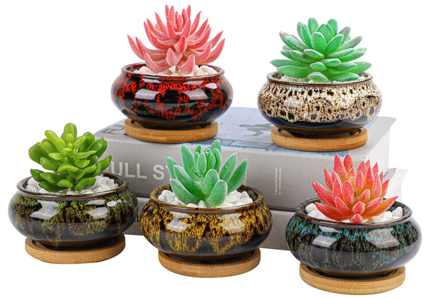 LAMDAWN Cute Ceramic Garden Succulent Pots, Planter with Drainage and Attached Saucer -Plants Not Included-Five Pots | FAMBE POTS | LAMDAWN