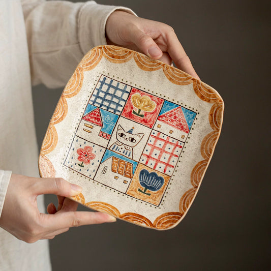 Handmade cat underglaze hand-painted ceramic fruit plate, tea tray, pot holder, designer's original home decoration ornament