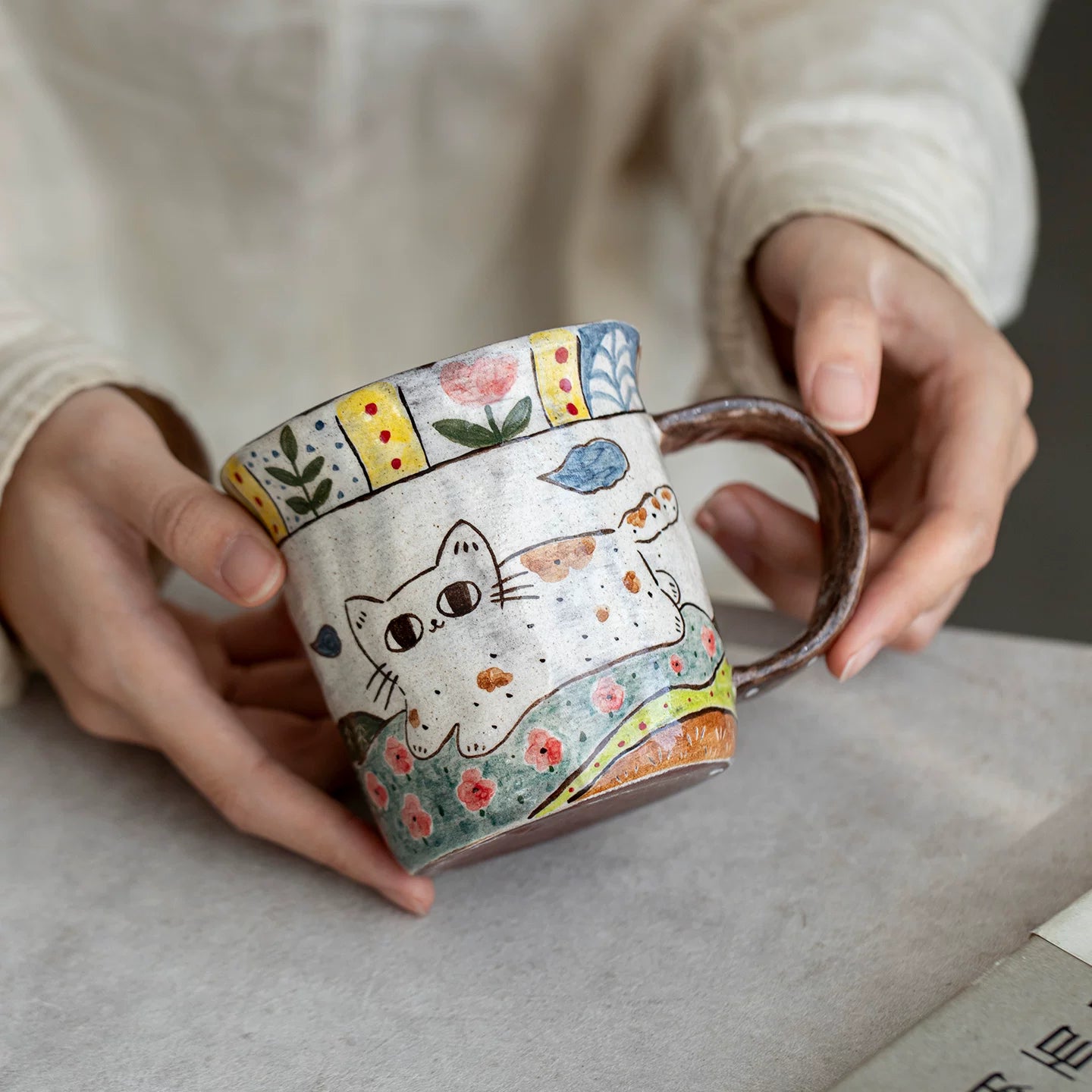 Handmade original ceramic hand-painted underglaze cat mug coffee cup tea cup water cup girlfriend gift