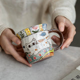 Handmade original ceramic hand-painted underglaze cat mug coffee cup tea cup water cup girlfriend gift