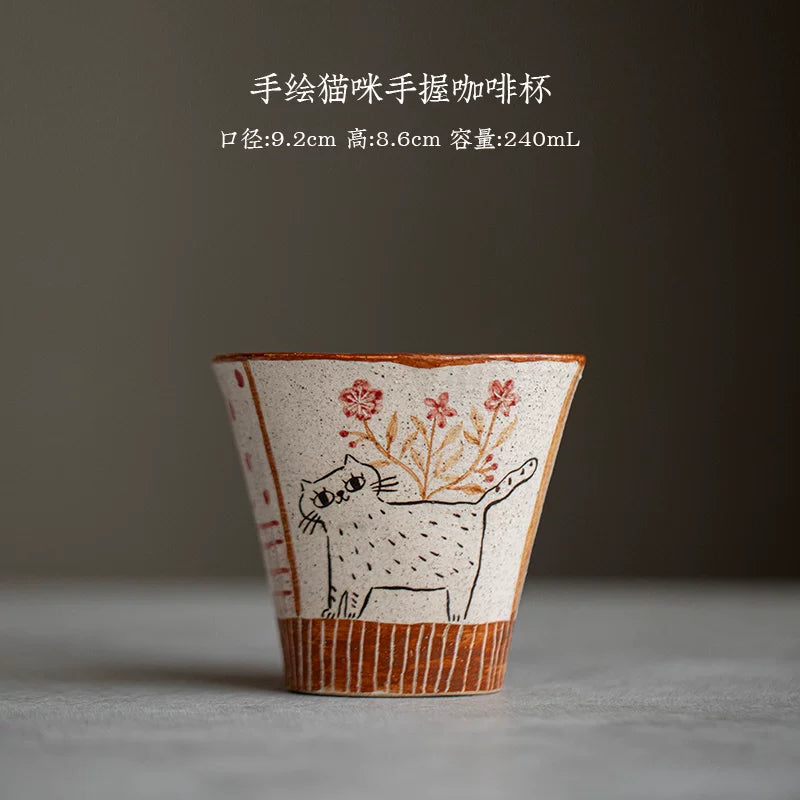 Handmade hand-painted underglaze cat coffee cup original ceramic simple cute teacup water cup girlfriend gift