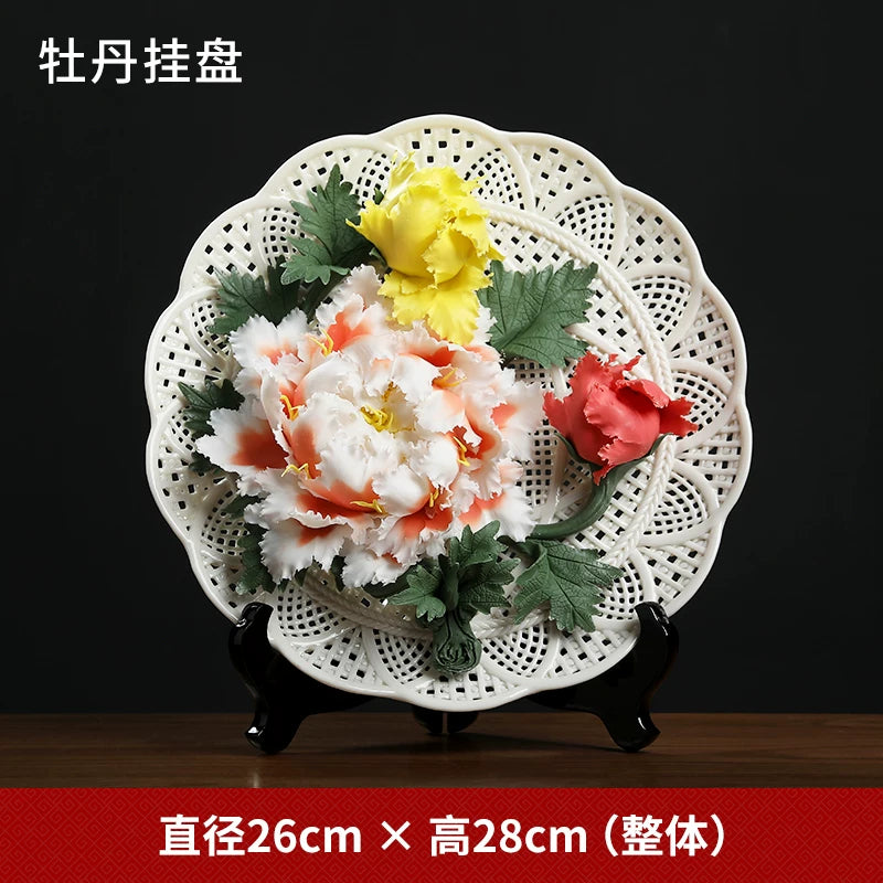 Ceramic handicrafts, peony hanging plate art ornaments, new Chinese living room decorative handicrafts, housewarming gifts