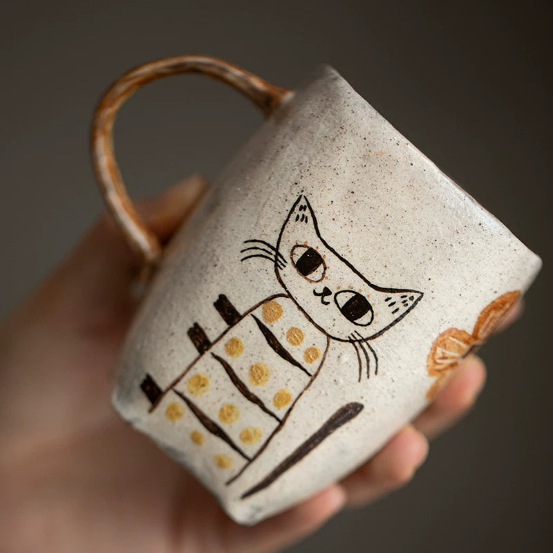 Handmade hand-painted cat ceramic teacup Original tea set Pure handmade wabi-sabi mug Coffee cup Water cup