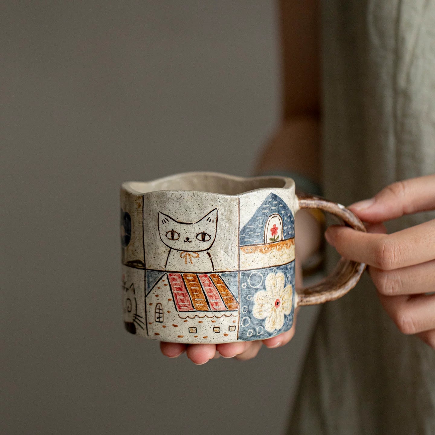 Handmade original screen underglaze color hand-painted cat mug coffee cup water cup girlfriend gift with gift box