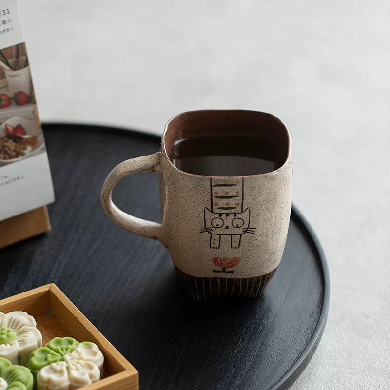 Handmade hand-painted cat ceramic teacup Original tea set Pure handmade wabi-sabi mug Coffee cup Water cup