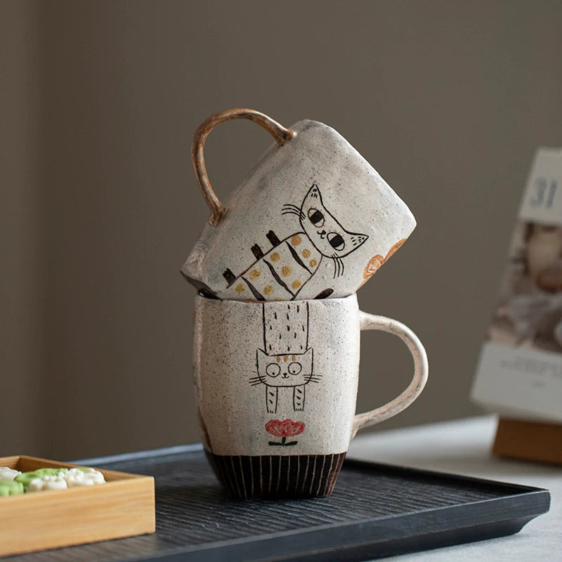 Handmade hand-painted cat ceramic teacup Original tea set Pure handmade wabi-sabi mug Coffee cup Water cup