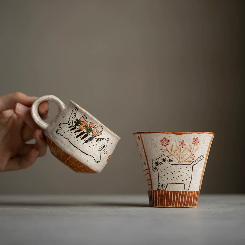 Handmade hand-painted underglaze cat coffee cup original ceramic simple cute teacup water cup girlfriend gift