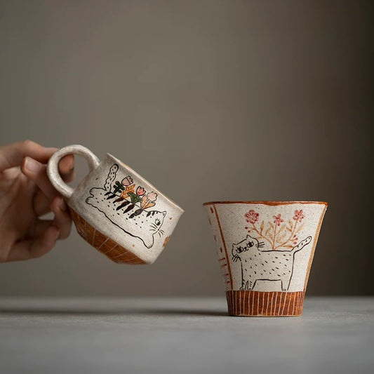 Handmade hand-painted underglaze cat coffee cup original ceramic simple cute teacup water cup girlfriend gift