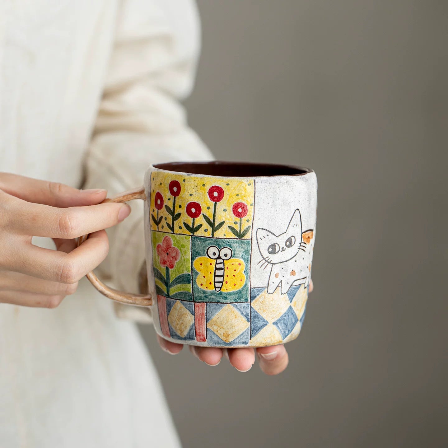 Handmade original ceramic hand-painted underglaze cat mug coffee cup tea cup water cup girlfriend gift